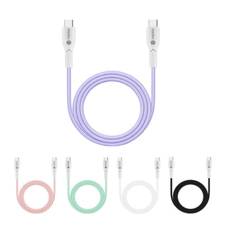 100W Fast Charging Cable - A 100W fast charging cable in purple, alongside pink, white, mint, and black variants. Each cable features USB connectors and a logo.