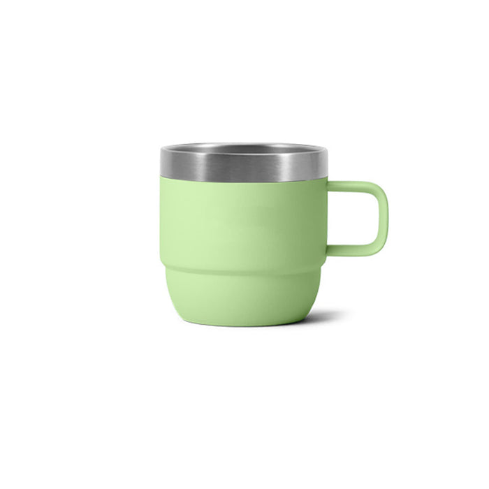 Stackable Stainless Steel Mug - A stackable stainless steel mug in a pastel green shade with a silver rim and a sturdy handle.