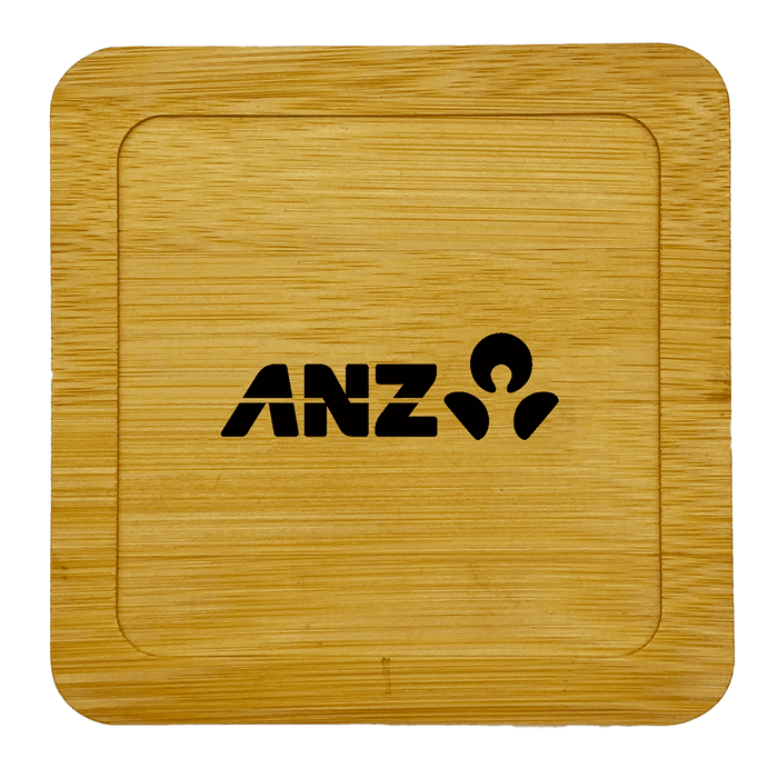 Aroma Coffee Coasters - A bamboo coaster featuring a square design and a logo embossed in black.