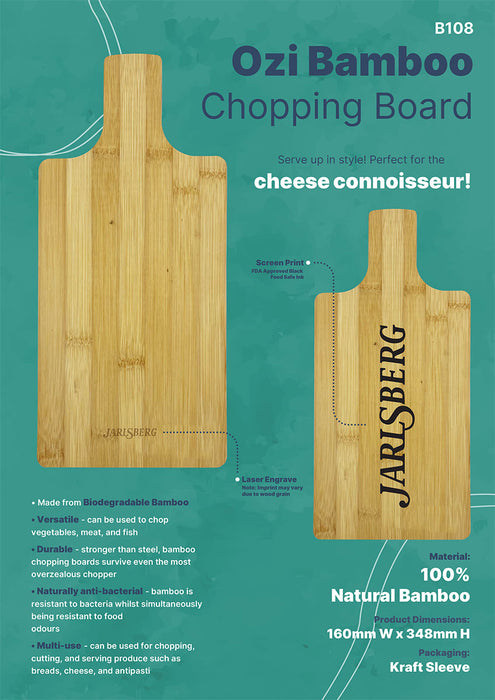 Ozi Bamboo Paddle Board - A bamboo chopping board with a smooth surface, featuring a handle and engraved branding, in natural light brown.