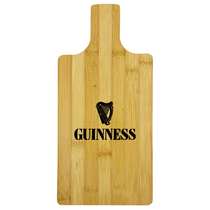 Ozi Bamboo Paddle Board - A bamboo chopping board with a handle and a logo design featuring a harp element in black.