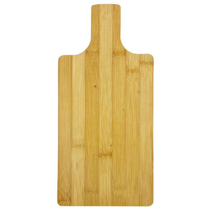 Ozi Bamboo Paddle Board - A bamboo paddle board with a smooth, natural finish and a handle, ideal for kitchen use. It has a logo.