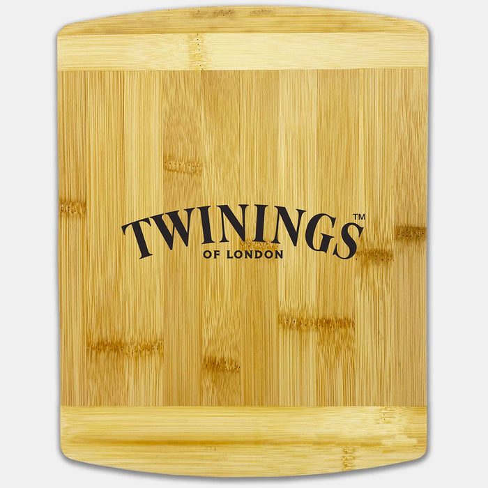 Trey Bamboo Cutting Board - A bamboo cutting board featuring a logo, showcasing a natural wood finish and curved edges.