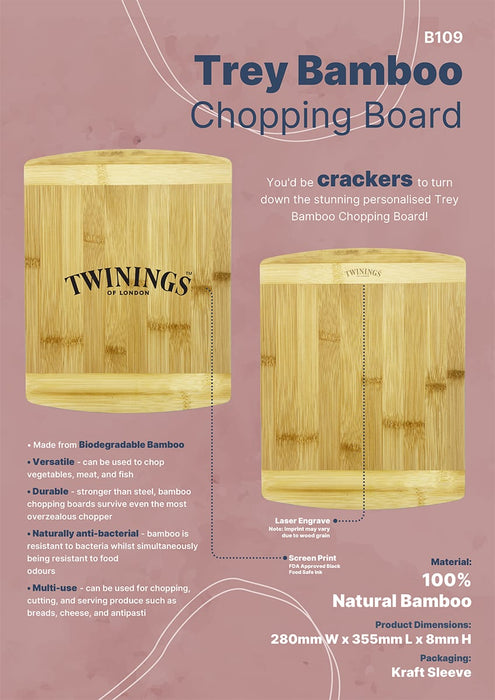 Trey Bamboo Cutting Board - A bamboo chopping board with a natural finish, featuring a logo and information about its features and materials.