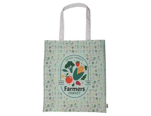 Spectra rPET Tote Bag 38cm x 43cm - A green tote bag featuring a variety of vegetables and a circular logo, with white handles and a patterned background.