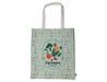 Spectra rPET Tote Bag 38cm x 43cm - A green tote bag featuring a variety of vegetables and a circular logo, with white handles and a patterned background.