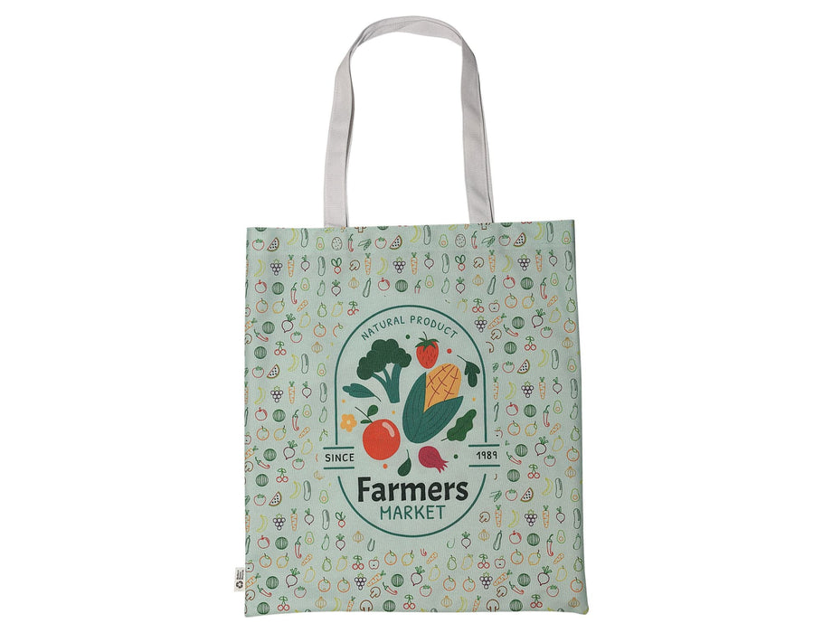 Spectra rPET Tote Bag 38cm x 43cm - A green tote bag featuring a farm-themed design and a logo, with white straps and illustrations of fruits and vegetables.