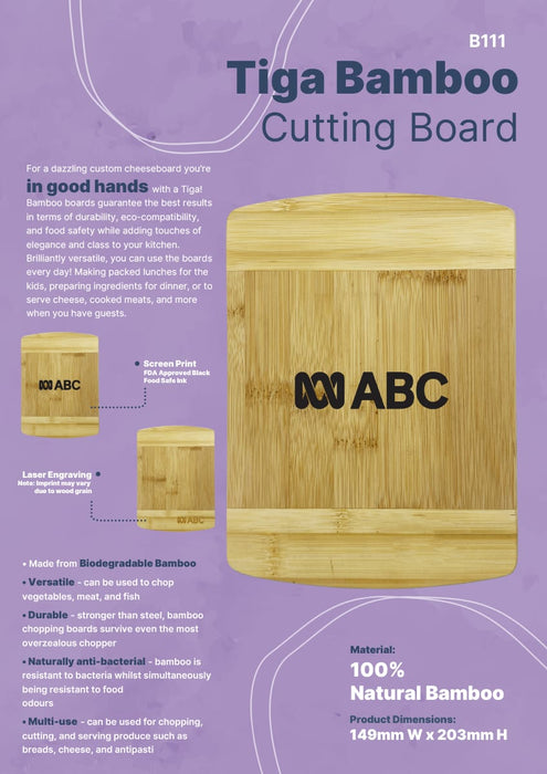 Tiga Bamboo Cutting Board - A Tiga Bamboo Cutting Board, made from natural bamboo, features a smooth surface and a logo, showcasing durability and style.