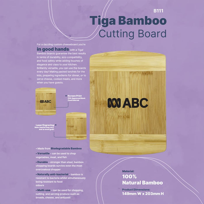 Tiga Bamboo Cutting Board - A bamboo cutting board with a rectangular shape and a smooth surface, featuring a logo and a natural wood finish.