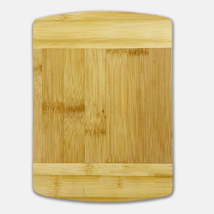 Tiga Bamboo Cutting Board - A bamboo cutting board featuring a smooth surface with a natural finish and rounded corners. It has a logo on it.
