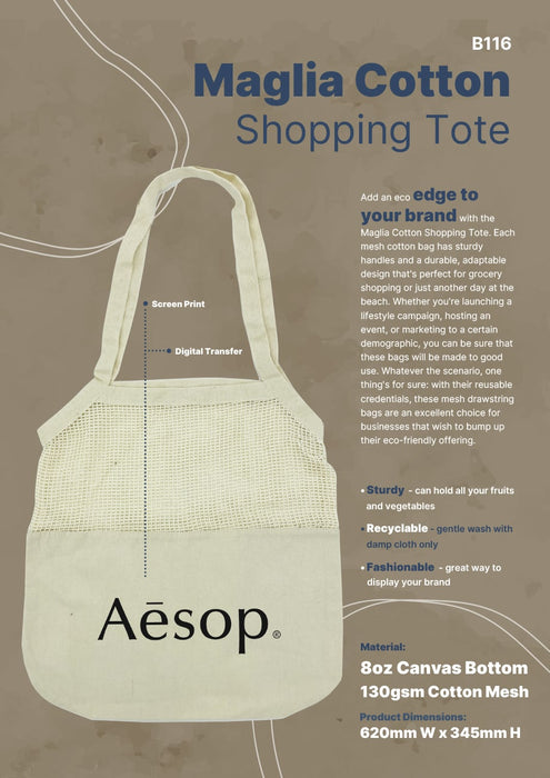 Maglia Cotton Shopping Tote - A cotton shopping tote in beige with sturdy handles and an eco-friendly design, featuring a logo. Dimensions provided.