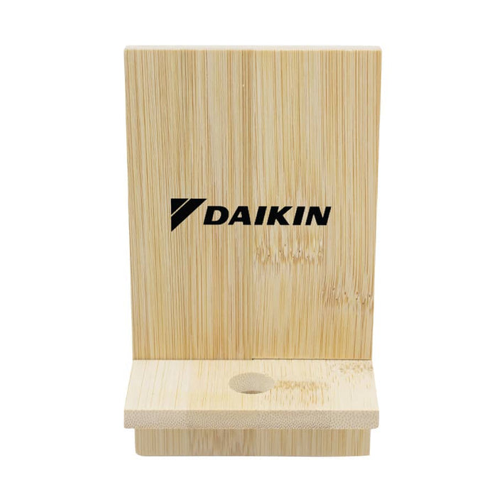 Groove Bamboo Phone Stand - A bamboo phone stand with a simple design, featuring a slot for the device and an engraved logo.