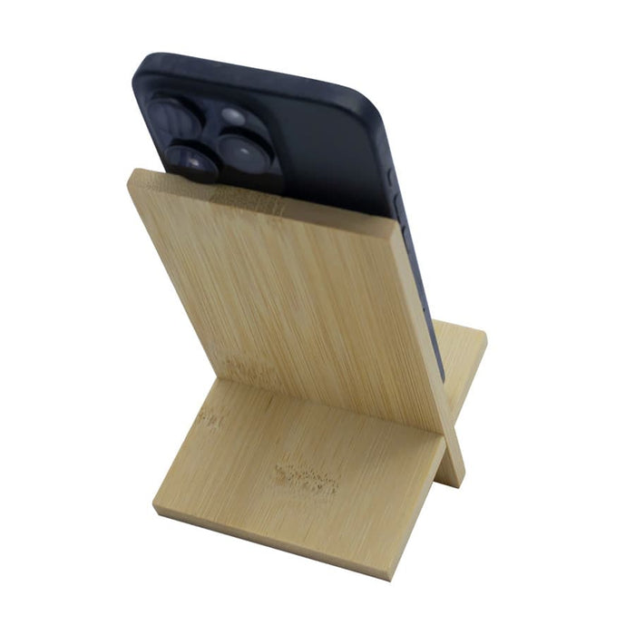 Groove Bamboo Phone Stand - A bamboo phone stand in a natural finish, holding a smartphone at an inclined angle.