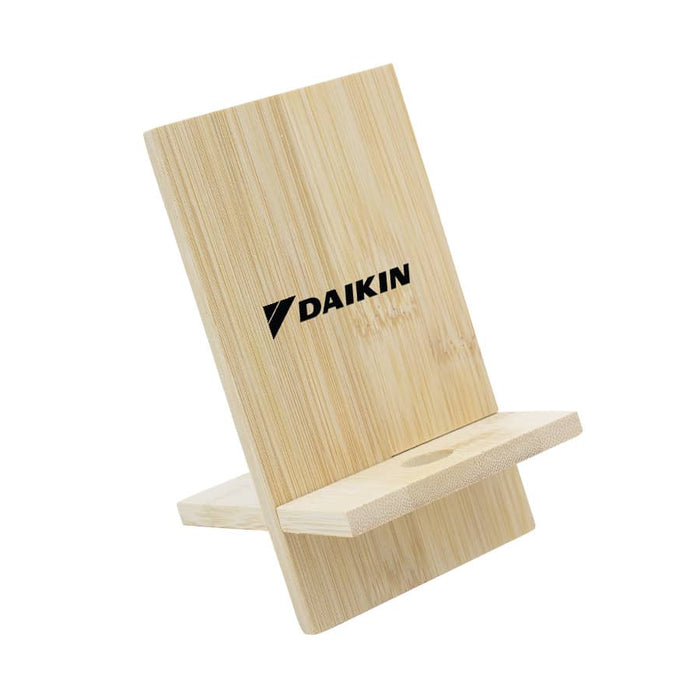 Groove Bamboo Phone Stand - A bamboo phone stand with a sleek design and a logo, featuring a natural wood finish.