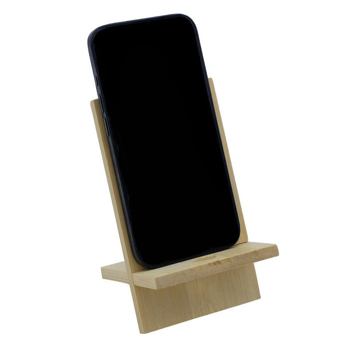 Groove Bamboo Phone Stand - A bamboo phone stand displaying a smartphone in a vertical position, featuring a simple and minimalistic design.