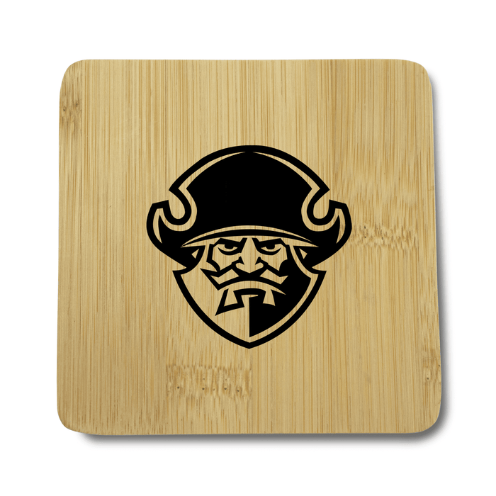 Square Bamboo Coaster - A square bamboo coaster featuring a black pirate emblem on a light bamboo background.