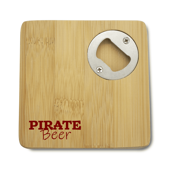 Square Bamboo Coaster - A square bamboo coaster featuring a bottle opener, with a dark red logo design.