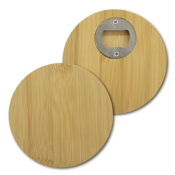 Round Bamboo Coaster - A round bamboo coaster featuring a smooth surface and a bottle opener on the underside.