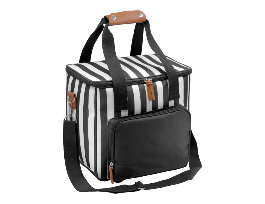 Ascot Jumbo Cooler, Black - A striped black and white cooler bag with a brown handle and a black front pocket, featuring adjustable shoulder straps.