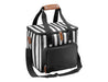 Ascot Jumbo Cooler, Black - A striped black and white cooler bag with a brown handle and a black front pocket, featuring adjustable shoulder straps.