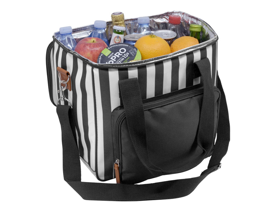 Ascot Jumbo Cooler, Black - A black and white striped cooler bag filled with drinks and fruits, featuring a side pocket and a logo.