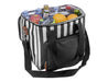 Ascot Jumbo Cooler, Black - A black and white striped cooler bag filled with drinks and fruits, featuring a side pocket and a logo.