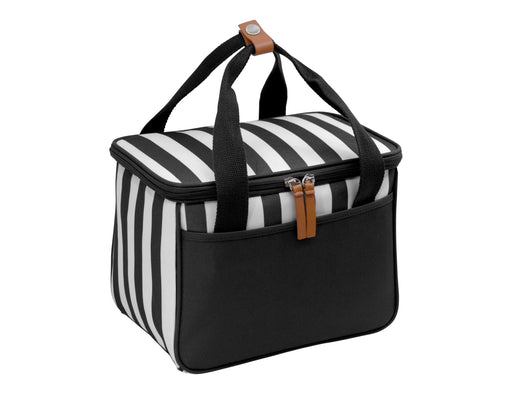 Ascot Picnic Cooler, Black - A striped black and white cooler bag with double handles and a zip closure, featuring a front pocket and a logo.