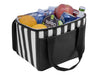 Ascot Picnic Cooler, Black - A black and white striped cooler bag filled with water bottles, an apple, oranges, and cans. It features sturdy handles.