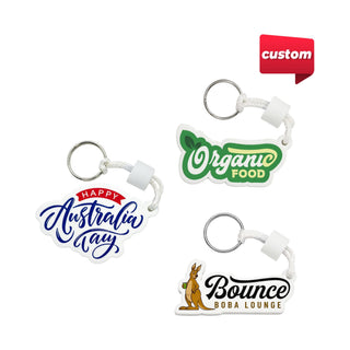 Full Colour Custom EVA Floating Keychain - A set of three custom EVA floating keychains in various colours, featuring different designs and a metal ring.