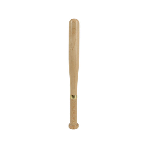 Commercial Baseball Bat Shape Pen - A baseball bat-shaped pen in a light wood colour, featuring a gold band near the writing end and a logo.