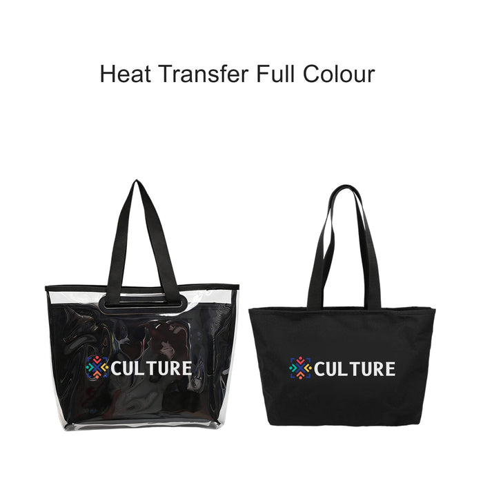 Tote Bag With Detachable PVC Cover - A promotional tote bag in black alongside a transparent tote with a detachable PVC cover, both featuring a logo.