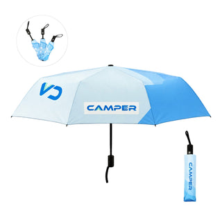 Anti-rebound Folding Umbrella - A blue and light blue anti-rebound folding umbrella with a matching storage sleeve and a logo.