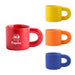 Laser Engraving Ceramic Coffee Mug - A set of four ceramic coffee mugs in red, yellow, orange, and blue, featuring a logo on the red mug.