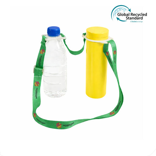RPET 2 in 1 Water Bottle Lanyard - A drink bottle lanyard in green featuring a blue water bottle and a yellow container. The lanyard has a logo.