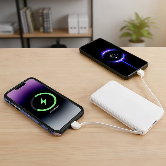 10000mAh Slim  Power Bank with Charging Cable - A white 10000mAh slim power bank connected to two smartphones on a wooden desk, with a plant in the background.