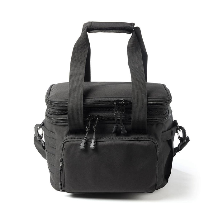 Super Duty 20 - Expanding Cooler - A black expanding cooler with dual zippers, sturdy handles, and an adjustable shoulder strap, featuring a front pocket and logo.