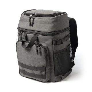 Super Duty 30 - Backpack Cooler - A grey backpack cooler featuring multiple zippered compartments, a mesh side pocket, and adjustable straps.