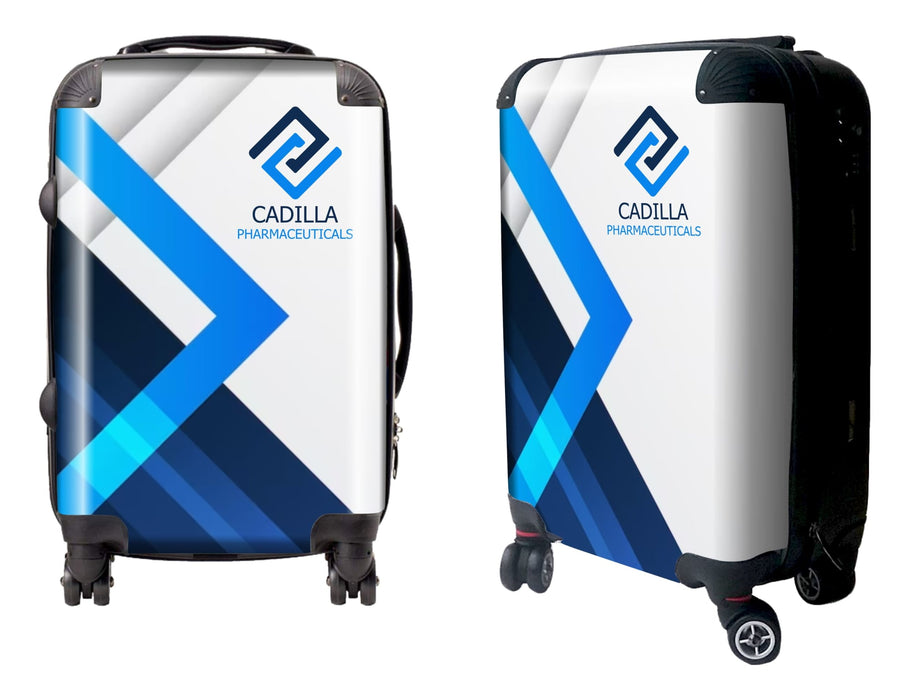 Traveller Carry-on Suitcase - A wheeled suitcase in white and blue with a logo and geometric design. Features two wheels and a telescopic handle.