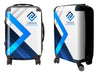 Traveller Carry-on Suitcase - A wheeled suitcase in white and blue with a logo and geometric design. Features two wheels and a telescopic handle.