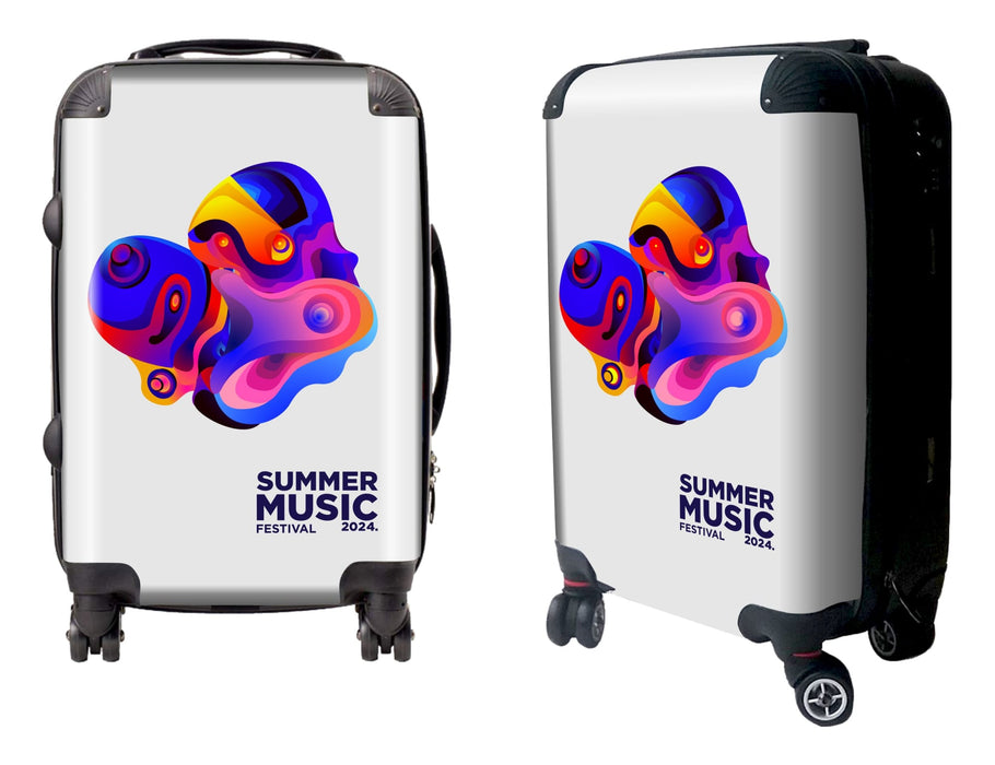 Traveller Carry-on Suitcase - A wheeled suitcase featuring a vibrant, abstract design with multiple colours. It has a logo and branding on the surface.
