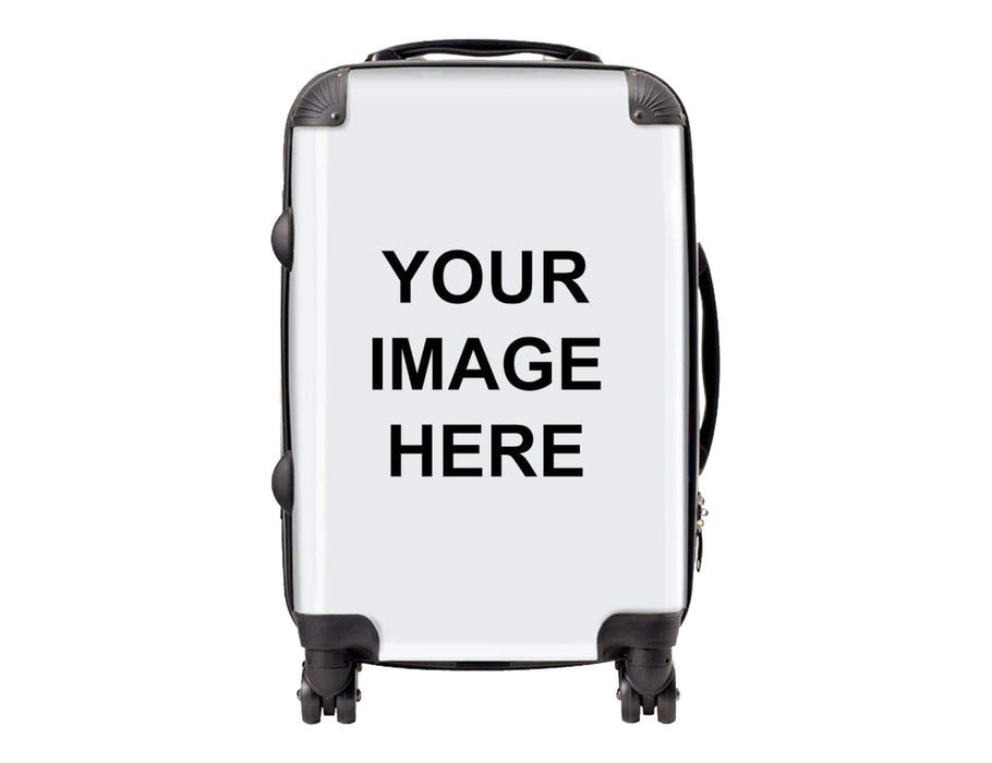 Traveller Carry-on Suitcase - A wheeled carry-on suitcase in white with black accents and a logo. Features a handle and wheels for easy transport.