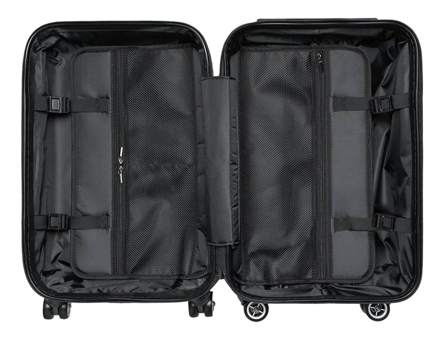 Traveller Carry-on Suitcase - A black wheeled suitcase interior featuring two compartments with mesh pockets and straps for organisation.