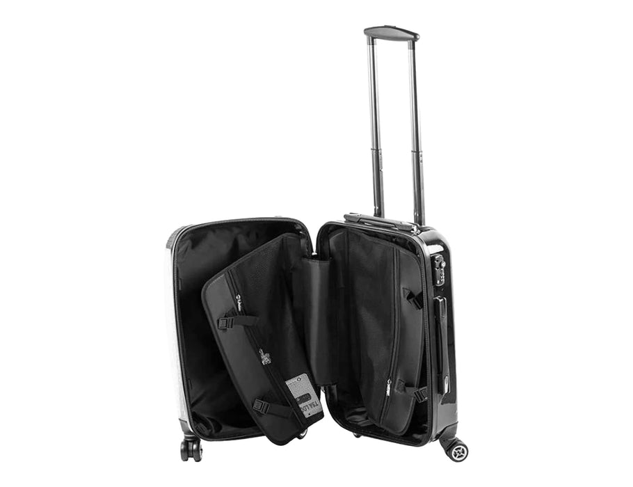 Traveller Carry-on Suitcase - A black wheeled carry-on suitcase with a telescopic handle, open to reveal its interior compartments.
