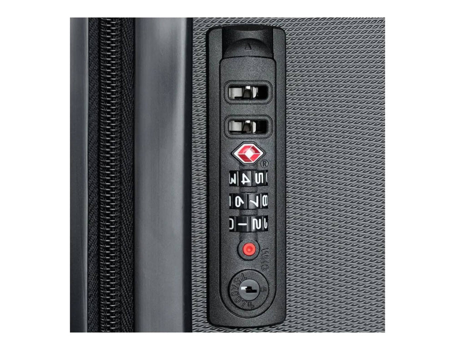 Traveller Carry-on Suitcase - A close-up of a black carry-on suitcase's combination lock panel, featuring dials and buttons.