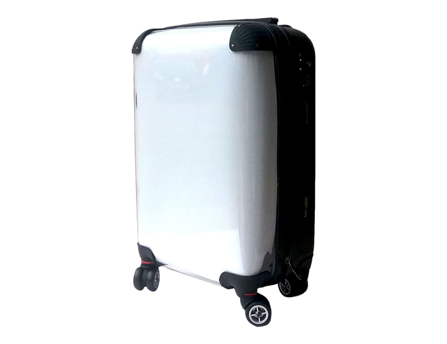 Traveller Carry-on Suitcase - A sleek silver carry-on suitcase with black accents and wheels, featuring a logo on the side.