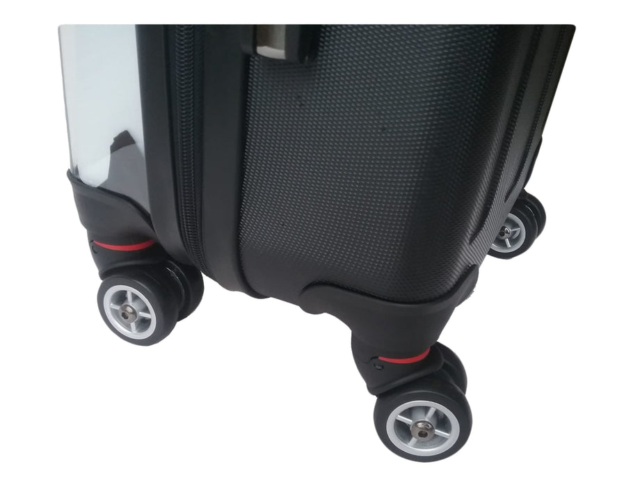 Traveller Carry-on Suitcase - A black wheeled carry-on suitcase featuring four spinner wheels for easy manoeuvrability and a textured finish.