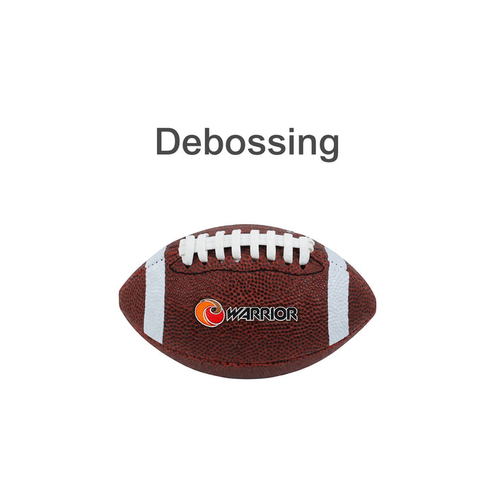 Mini Promotional American Football - A mini promotional American football in brown with white laces and stripes, featuring a logo.