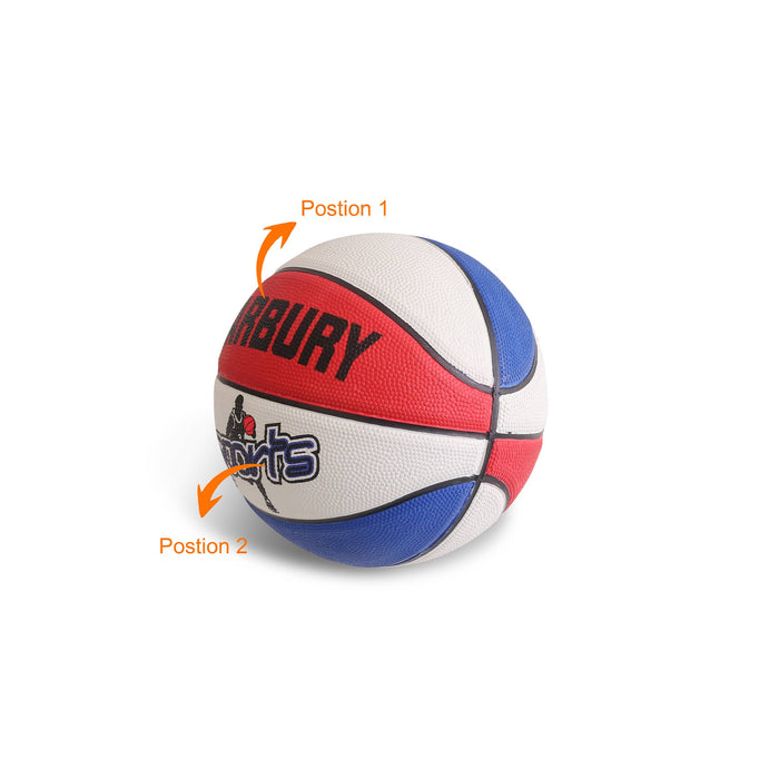 Mini Promotional Basketball - A mini promotional basketball featuring red, white, and blue panels, with a logo and textured surface.
