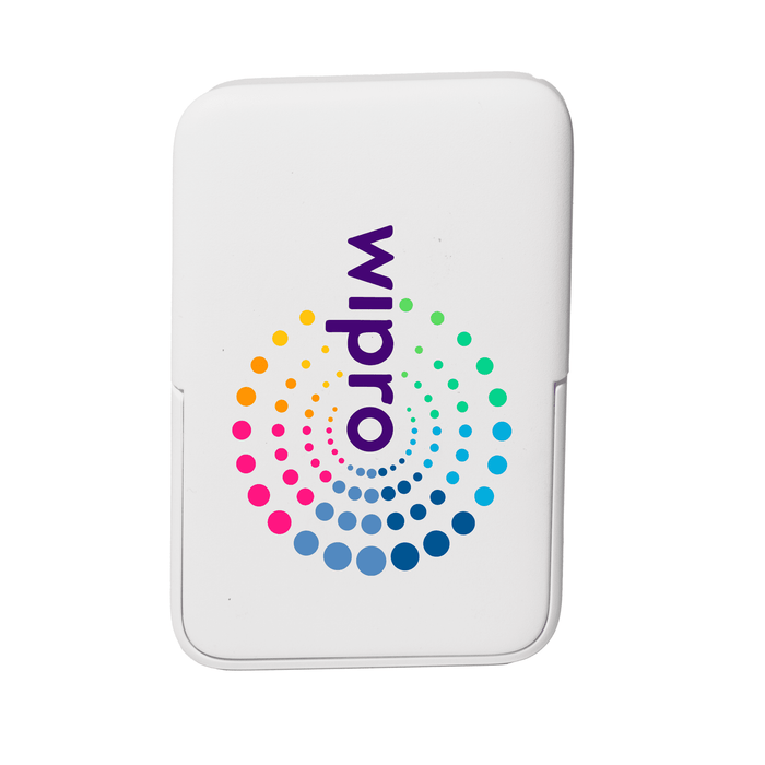 The Mellany 15W Wireless Charging Powerbank 10,000mAh - A white wireless charging power bank with a colourful circular logo and a smooth finish.