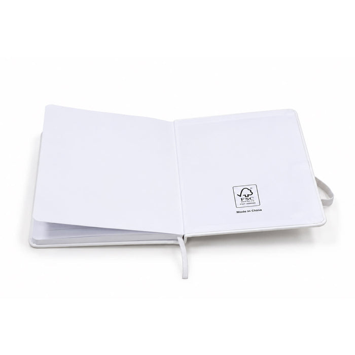 FSC Notebook - A white FSC notebook with blank pages and a logo on the inside cover, featuring a ribbon bookmark.